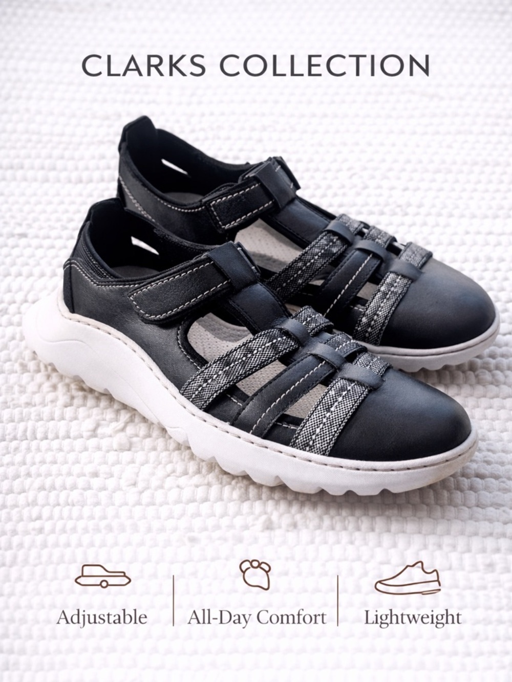 Clarks Collection Black Comfort Sandal Sneaker Sz 9 Adjustable Lightweight